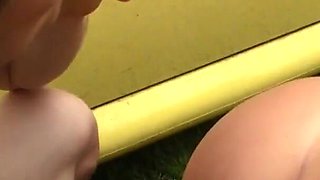 He with a big hard cock puts it in the ass of the girl leaning on the yellow Beetle