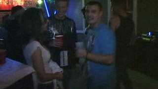 Dirty brunette gets her throat fucked hard after college party