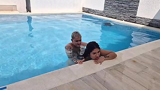Sexy Busty Tattooed Latina Babe Lets a Guy Fuck Her Hard By the Pool To Reward Him For Saving Her