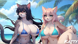 Furry girls nude and bikini on the beach part 2 (Ai model)
