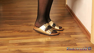 Dangling in Fishnet Stockings - Golden Double Strap Slides