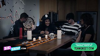 Halloween group sex with Leana Lovings and Serena Santos and their horny stepbros