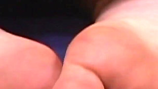 Big cock stud foot fucked by a brunette milf freak