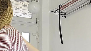 Flexible Hot Wife in the Kitchen Does Gym Training at Home by Spreading Legs and Taking Her Panties off Under Her Mini Skirt
