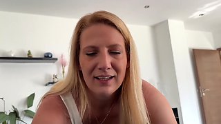 Thick blonde teases him before jumping on his cock POV