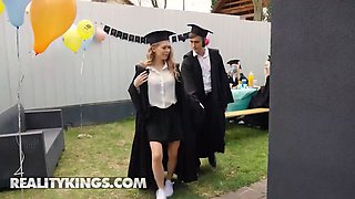 Little Angel sneaks a BJ & takes a wild ride on her boyfriend's hard cock at graduation party