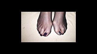 Shiny semen on wife's black nylon feet - black polish pedicure