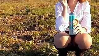 Skinny Readhead Smoking and Laughing Outdoor While Touching Her Pussy Trough Pantyhose