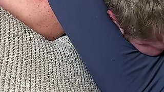 Cruel Headscissors in Blue Leggings on the Couch