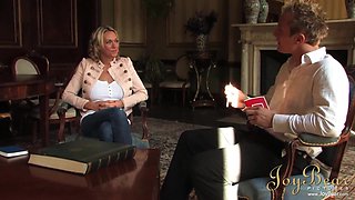 Posh Blondie Paige Ashley Gargles Off Her Interviewer In The Stairwell And Leans Over For A Prompt Plow
