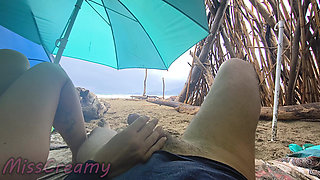 4K! MissCreamy Teacher Handjobs My Cock Under Public Beach Umbrella in Rain!