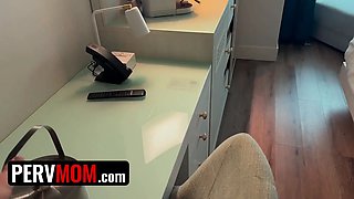 Stepson walks in on his stepmother pleasing herself with a vibrator while they're on vaca together