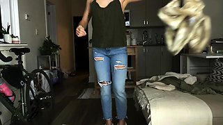 Small titted brunette teen fingering on the bed