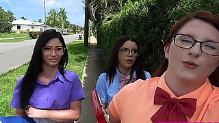 Nerd with a huge cock gets sucked and fucked by three teen BFFS