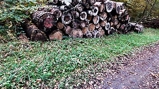 Hard naked pussy and titslapping lying on the woodpile