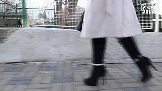 Public High Heels Walking, Worn Pantyhose and Foot Play