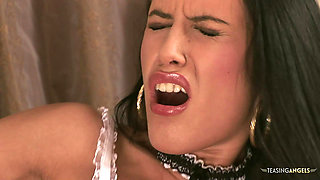 Stunning brunette sex slave makes her master cum by sucking and riding his enormous cock