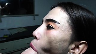 Tiny Asian ladyboy deepthroat blowjob