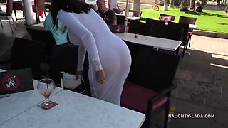Naughty Lada Flashes Her See-Through Dress in Public - No Panties!