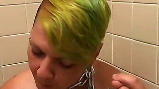 Chained slave girlfriend pissed on, having piss and then her own from shot glass