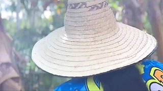 Cute peasant Latina chick is getting facialized in the jungle