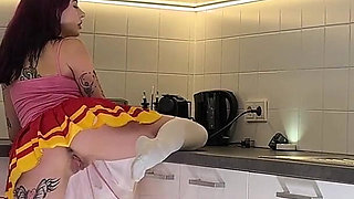 Hottest Redhead Big Tits Cheerleader in Mini Skirt and Over Knee Socks Flashes Her Tight Shaved Meaty Pussy and Naked Ass