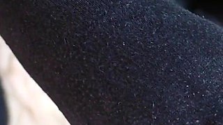 Teasing Feet in College Look: Mini Skirt, Knee Socks & Nylon Layers