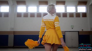 Petite blond mommy cheerleader stripping