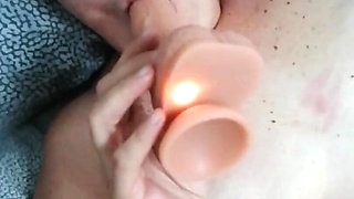 Enjoying My New Big Dildo with a Cock in My Mouth