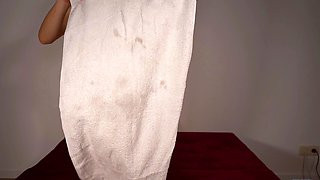 Amateur cougar MILF with small boobs is jerking cock