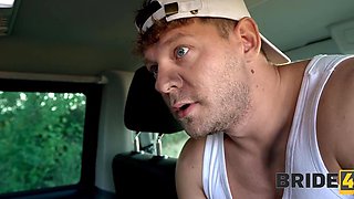 Beautiful and slutty bride wearing a wedding gown has threesome with an impudent couple