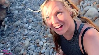 Amateur Beach Blowjob: Redhead Anja Amelia Brutal Deepthroat & Cum in Mouth