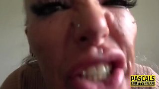 Busty blonde MILF Brooke Jameson deepthroats cock in rough BDSM scene