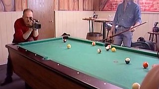 Brunette German doll sucks dick by the pool table