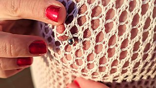 Playing Pierced Nipples Close up on Balcony