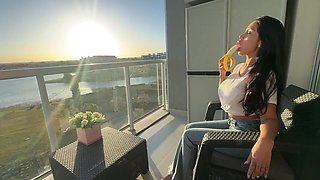 Horny latina girl loves to sunbathe and suck dick on the balcony