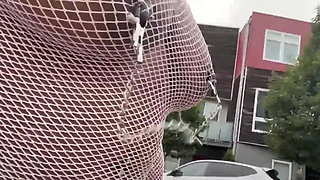 Walking Around in Fishnet Dress Fucking My Pussy on Public Staircase