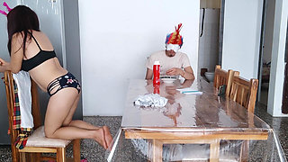 I have no shame! I masturbate in front of an old man with a blindfold on.