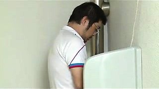 Slim Oriental babe enjoys a wild fucking in a public toilet