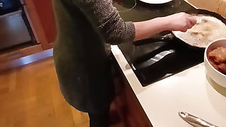 Slut Wife Deep Throats Big Cock while Cooking Dinner