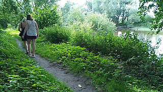 Two Girls Stopped on the Side of the Road to Pee, Attracting the Attention of Passing Cars, Golden Shower in a Public Place