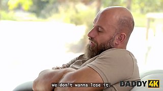 Daddy4k. slutty girlfriend is blowing a sausage and then stripteasing for another in one room