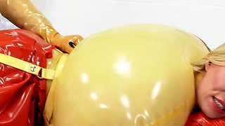 Fetish glam lesbians get bukkake after strapon action