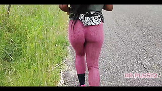 Ebony with Big Ass in Leggings Running Alone in the Forest