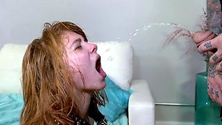 Slut training for sexy young redhead in BDSM threesome