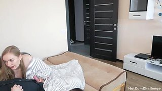 Step Sister Sneaky BJ Under Blanket - Blonde Teen Deepthroats Step Bro While MILF Step Mom Flashes Tits & Ass