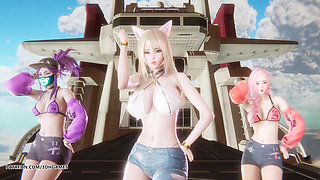 MMD Unis - Curious Ahri Akali Seraphine Hot Kpop Dance League of Legends Uncensored Hentai