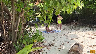 Pervert Watcher Jerks off Busty MILF and Her Stepdaughter and Cums on Their Faces While They Sunbathe