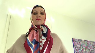 Stunning brunette MILF Victoria Valente showcases her satin headscarf in a teasing JOI