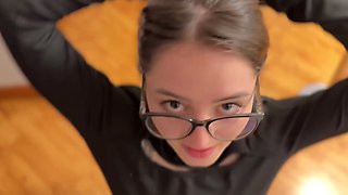 Cute nerdy teen takes on thick cock in closeup library perversions